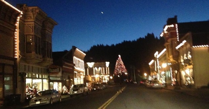 The Victorian Village of Ferndale with America's tallest living Christmas tree at the end of its main street