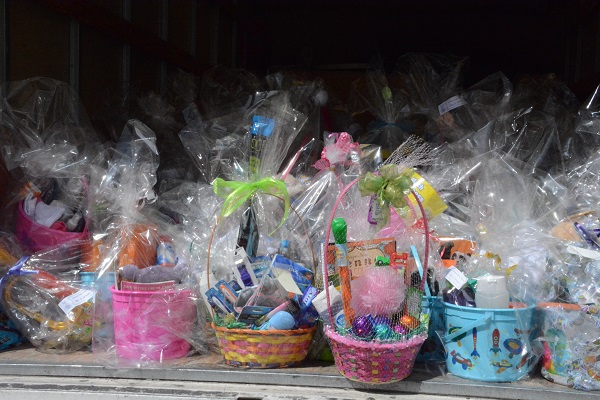 completed Easter baskets wrapped in cellophane