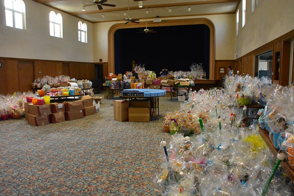 room filled with Easter baskets