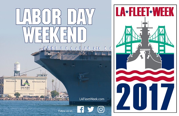 Bow of warship and L.A. Harbor graphic with Vincent Thomas bridge