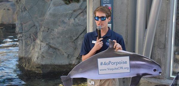 Volunteer Cameron with vaquita conservation socail-media sign