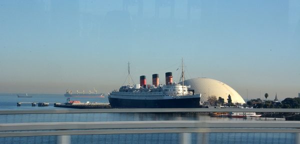 Queen Mary in Long Beach harbor next to Spruce Goose dome