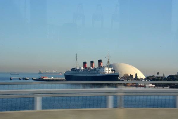 Queen Mary in Long Beach harbor next to Spruce Goose dome