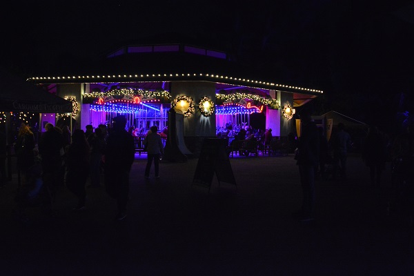 Carousel glows with Christmas lights through crowd