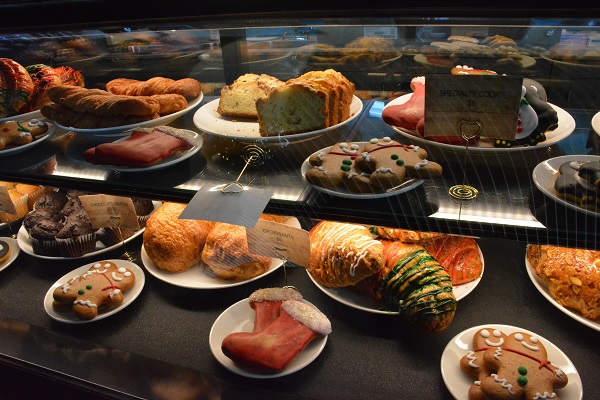 cookies and pastries in a display case