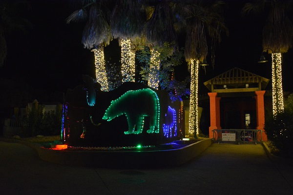 silhouette of polar bear outlined in green lights