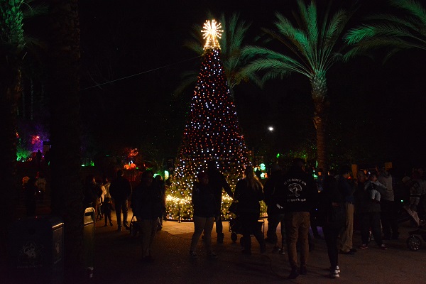People around Christmas tree with multicolored lights at LA Zoo entrance 
