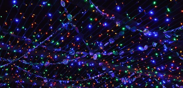 closeup of red, green and blue twinkling Christmas lights