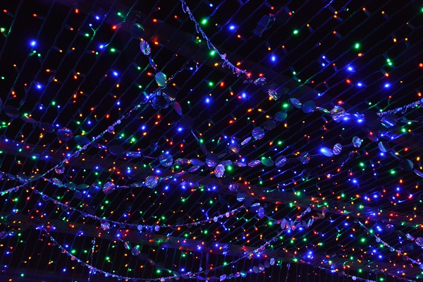 closeup of red, green and blue twinkling Christmas lights