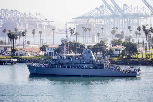 The USS Scout sails into Los Angeles Harbor.