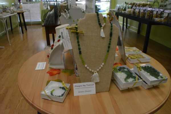 Green Onion-inspired necklace and earring set by Tamiza Teja