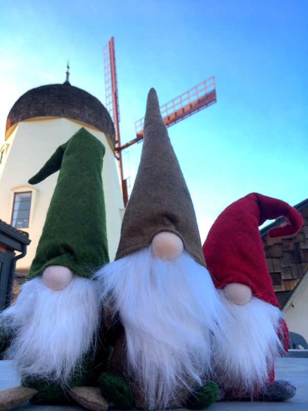 Three giant Jul Nisse elves with white beards stand near a Solvang windmill