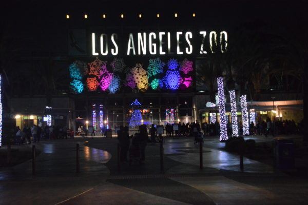 Los Angeles Zoo entrance lit up for Zoo Lights show