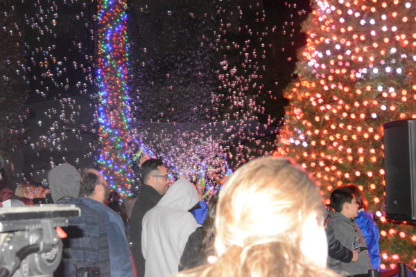 Bubbles spray into the air at L.A. Zoo Lights tree lighting