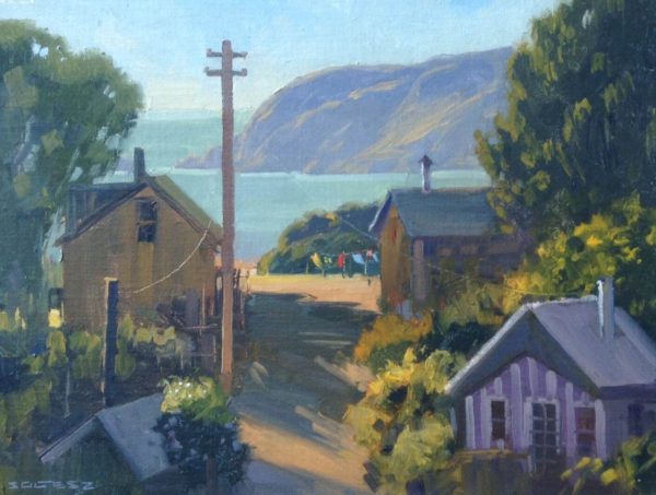 Original landscape of street in Muir Beach with ocean and mountain in the distance, by Tom Soltesz
