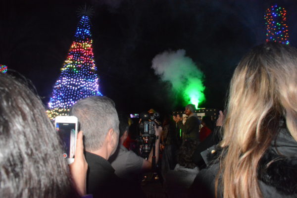Green steam goes into the air just after lighting of L.A. Zoo Lights tree