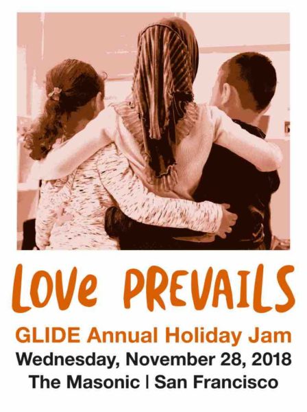 Graphic for "Love Prevails GLIDE Annual Holiday Jam", with picture of a woman wiht her arms around two children