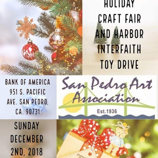 Poster about SPAA Holiday Craft Fair and Interfaith Toy Drive, with decorated tree branches and wrapped packages