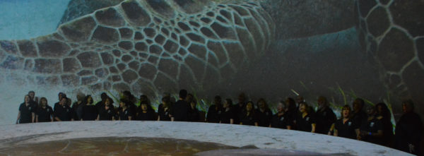 Long Beach Chorale sings next to a giant sea turtle mural and a disc with a turtle's likeness