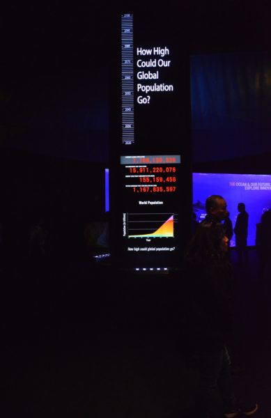 Lighted black graph display asks "How high could our global population go?" and shows current world population figures