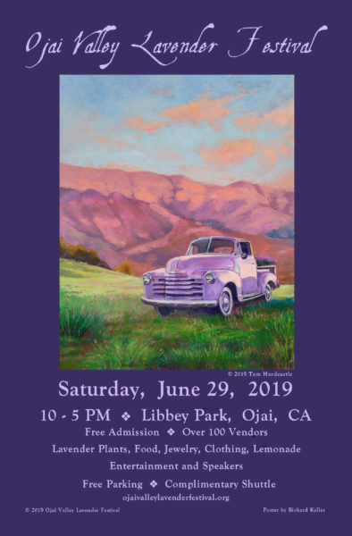 Poster of a lavender convertible in a green field wiht a mountain range in the background and lavender before it, advertising "Ojai Valley Lavender Festival, Saturday June 29, 2019, 10 -5 pm"