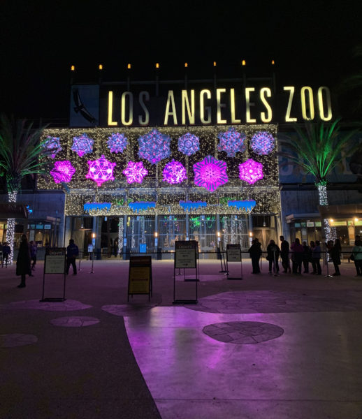 Los Angeles Zoo entrance lit by giant snowflakes in pink lights as visitors walk towards the entrance archway
