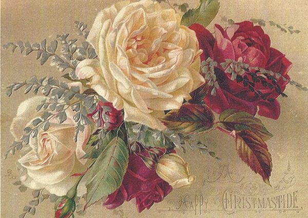 Victorian full-blown roses with "Happy Christmastide" under them in a Victorian Christmas card
