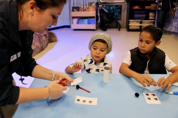 Aquarium staffer shows two small boys how to cut out shapes during a craft class