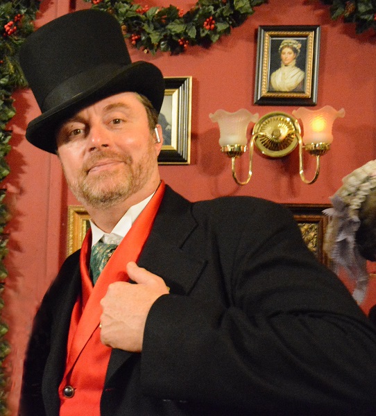 Red Barn Productions Executive Producer Kevin Patterson in a top hat and Dickensian suit at Dickens Fair 2015, Cow Palace, San Francisco