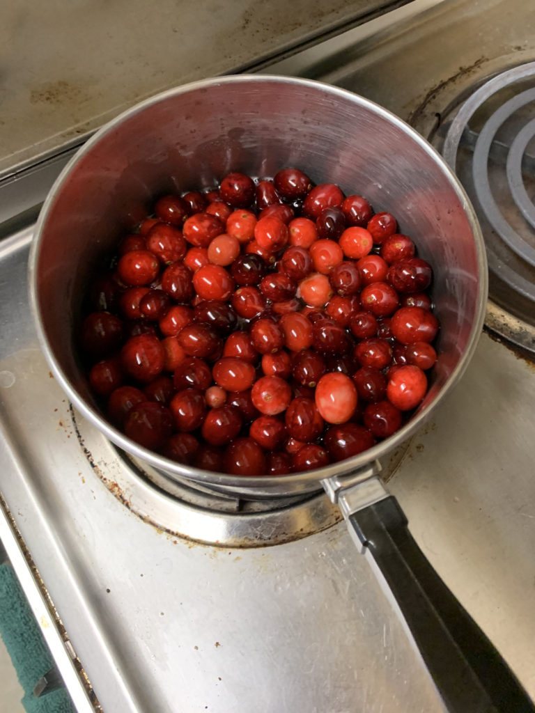 Red cranberries in a silver pan atop the stove