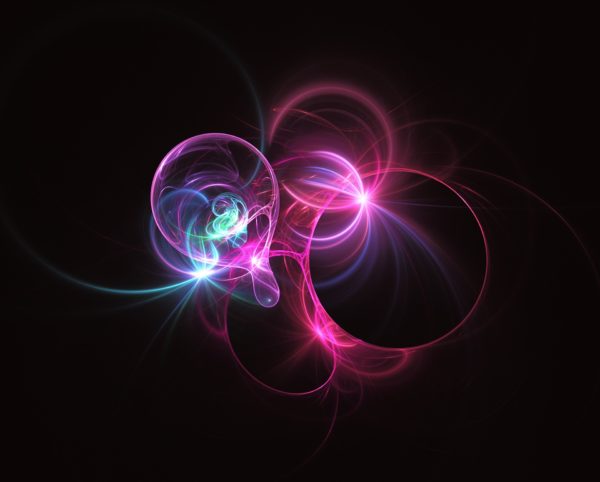 Three fractal-light "bubbles" glow red and blue against a dark background.