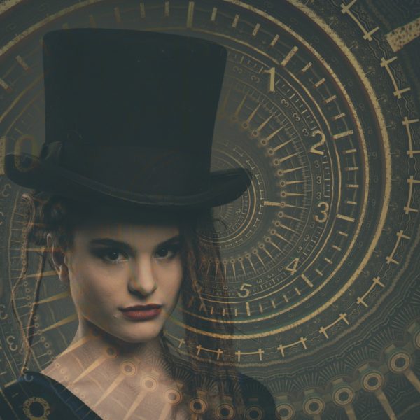 Young redheaded woman with a mysterious smile and a magician's hat in front of a Fibonacci spiral with numbers