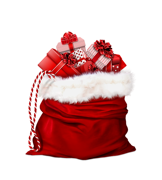 Red velvet Santa sack with white fur trim and red-and-white-wrapped packages up to its brim