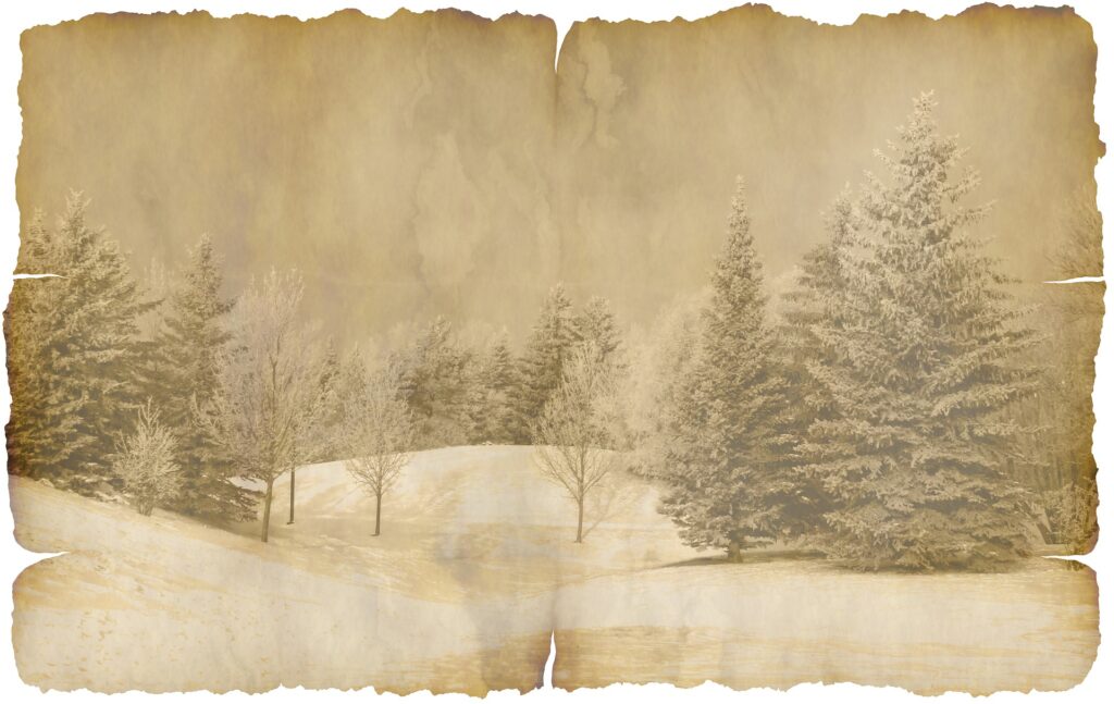 A sepia-tinted old photograph with torn edges shows pine trees in snow against a wintry sky