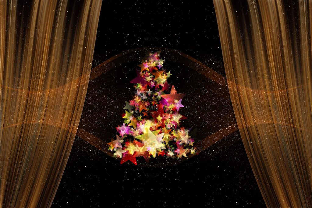 A Christmas tree shape with stars appears in a dark void between two parted gold curtains