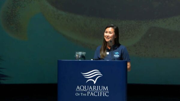 Mammologist Eric Lundy speaks from Aquarium of the Pacific lectern
