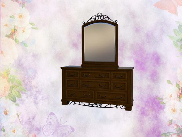 Antique dresser with mirror against background of purple-flowered wallpaper