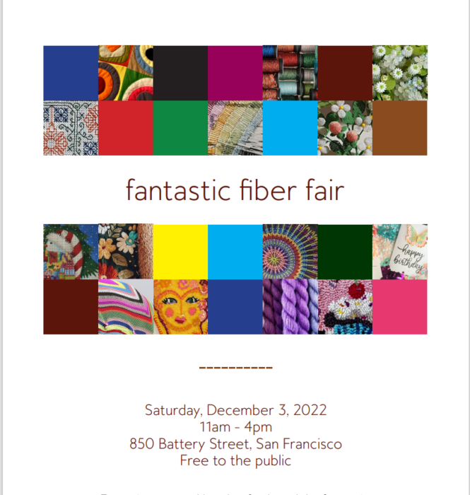 Poster with various colored squares of texitles advertises SNAD's "Fantastic Fiber Fair", December 3rd, 2022