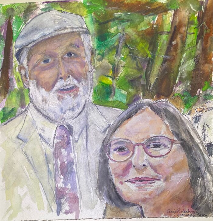 A painting of an older couple: a man with a white beard tie and cap stands near a smiling woman with gray hair and glasses.