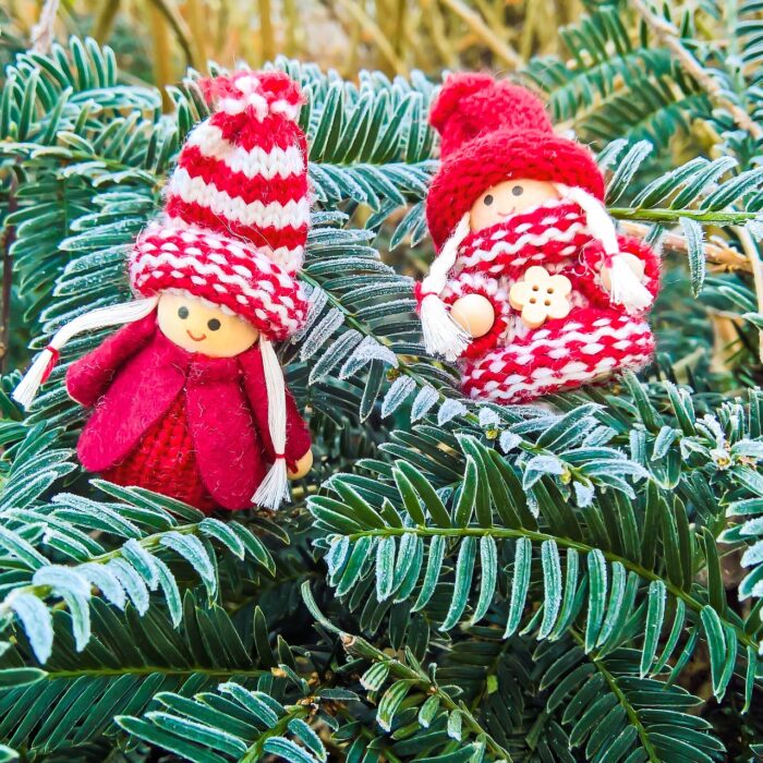 Two smiling small knitted dolls in red-and-white stocking caps with braids on a Christmas tree