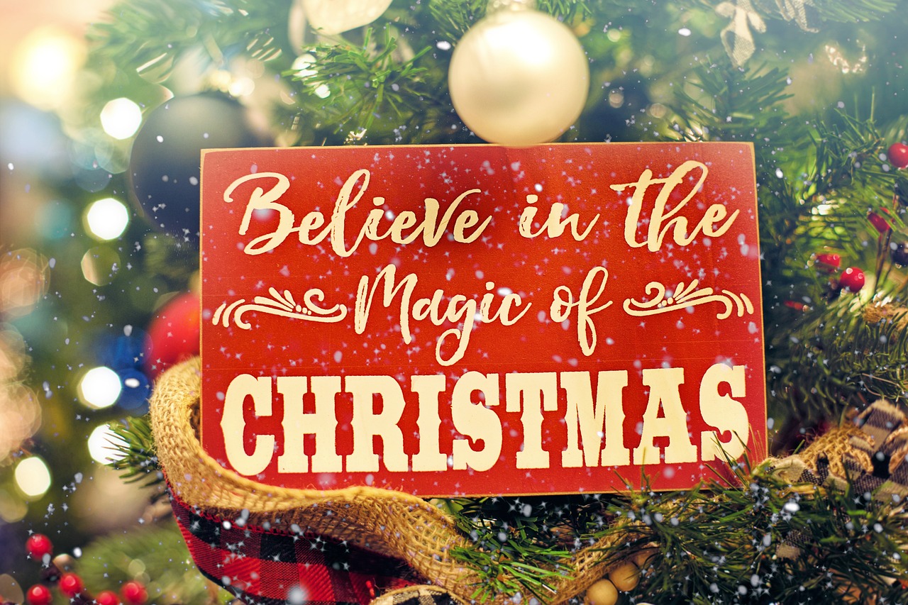 Red wooden sign says "Believe in the magic of Christmas" as it hangs on a green Christmas tree with white vintage ornaments.)