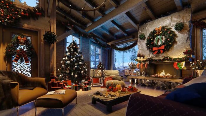 Rustic room with stone fireplace with green Christmas wreath, green decorated live tree and candles throughout, with snowy scene beyond the windows.