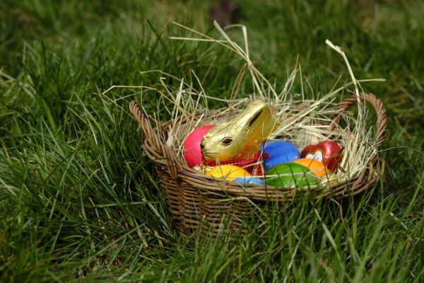 Foil-wrapped chocolate rabbit sits in an Easter nest of colored eggs and candy