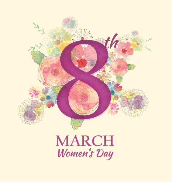 Numeral "8" surrounded by painted flowers with "March, Women's Day" beneath it.