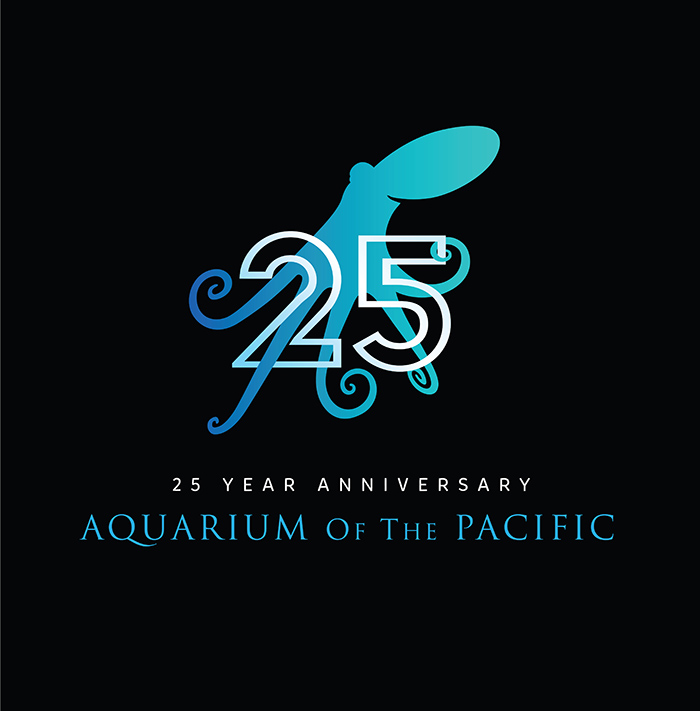 Graphic of a blue octopus on a black background with a "25 Year Anniversary, Aquarium of the Pacific" over it