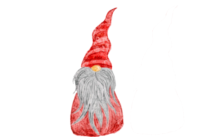 Sketch of a Nisse with red stocking cap, gray beard and only the tip f his noe visible.