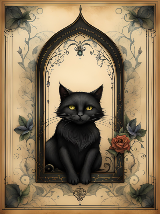 Black cat in a Gothic-framed window with a red rose and gree leaves