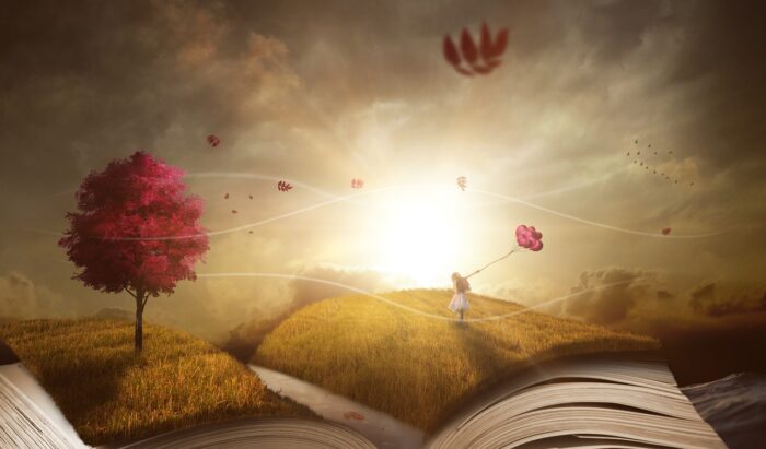Girl stands on a hill in pages from a book with a blowing red kite and a red tree blowing in the wind in the background.