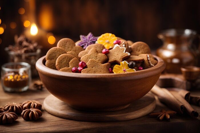 Bowl of decorated cookies sits befoe a blurred background of candlelight.