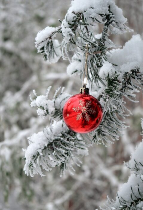 Red glass Christmas ornament with a silver snowflake in glitter hangs on a snow-covered evergreen branch.